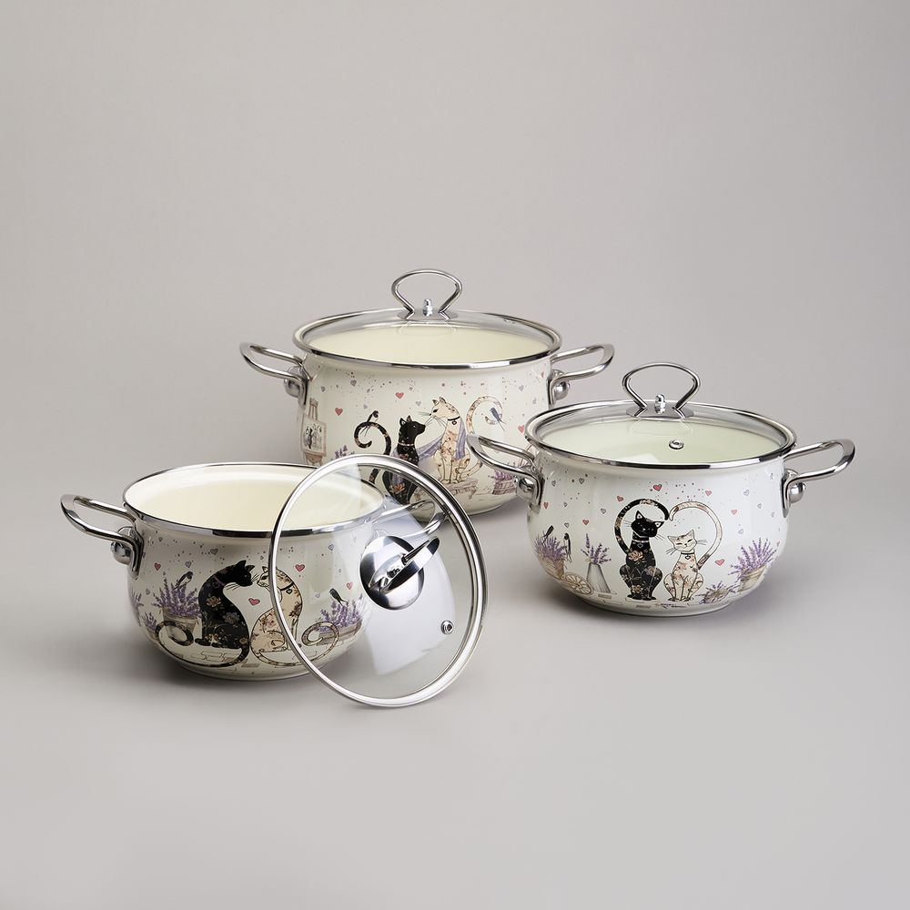 НАБОР КАСТРЮЛЬ ЭМАЛИРОВАННЫЙ, СЕРИЯ "LAVENDER CATS 6ПР. 2,0/2,8/3,8Л ДИА.18/20/22СМ