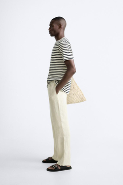 ZARA БАЗОВАЯ ФУТБОЛКА MEDIUM WEIGHT, ЭКРЮ/ТЕМНО-СИНИЙ