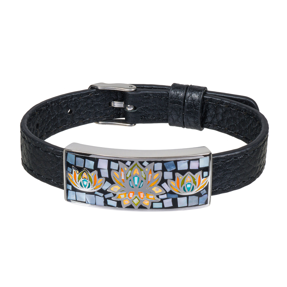 Браслет Fiore Luna на черном кожаном ремешке CB03596-2A