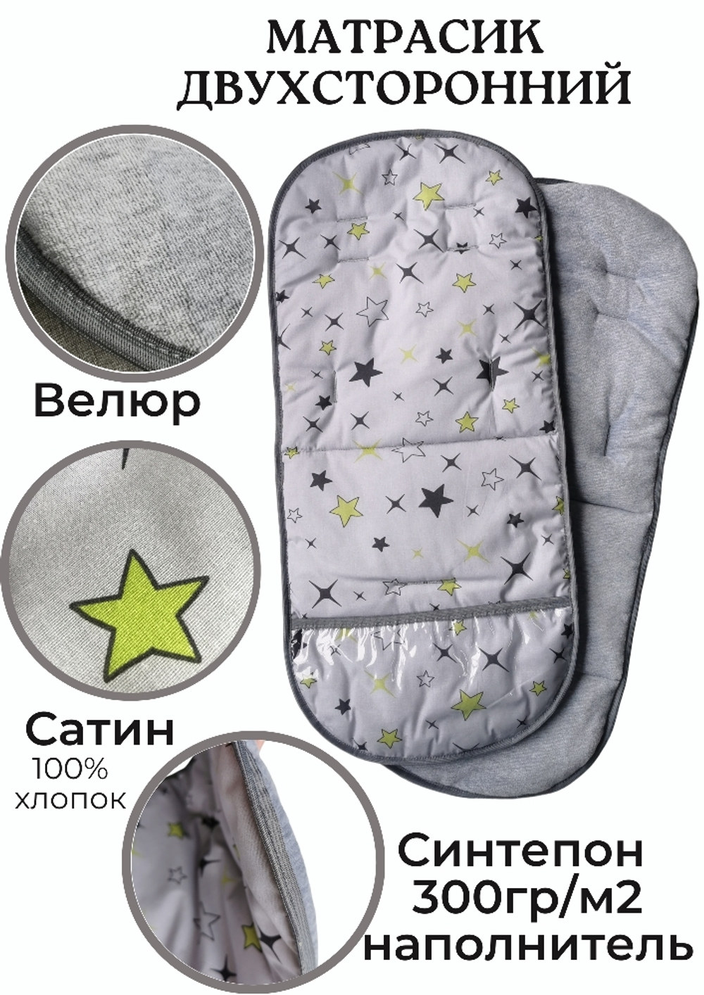 Матрасик в коляску с подножкой из ПВХ пленки серый звезды