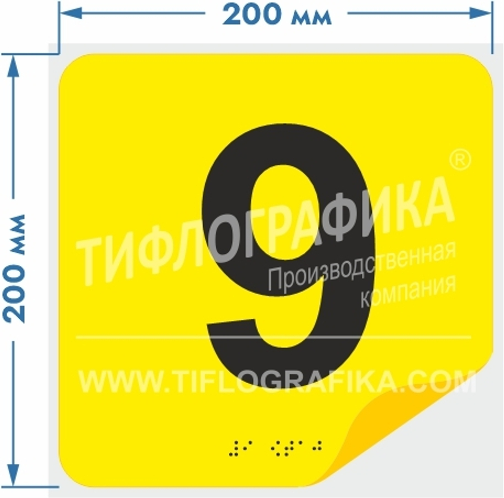 Тактильная наклейка с номером и шрифтом Брайля для маркировки этажей и площадок на подложке 200х200 мм. Цифра 9