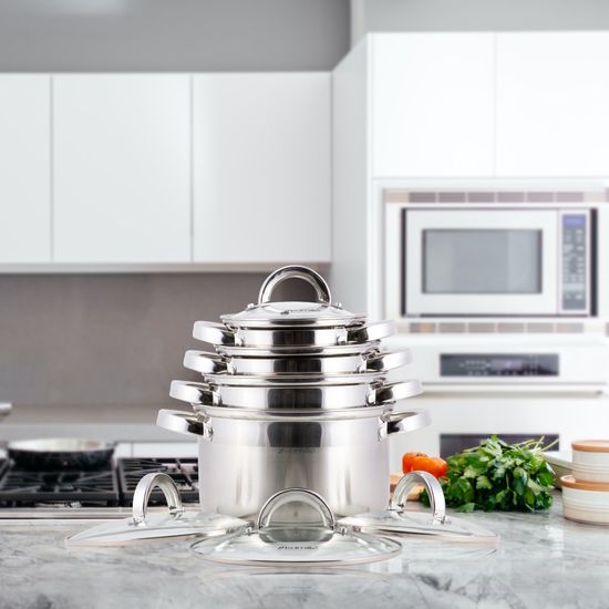 Набор кастрюль 8 предметов из нержавеющей стали Kamille KM-5637S (1,0 л; 1,8 л; 2,5 л; 3,8 л)