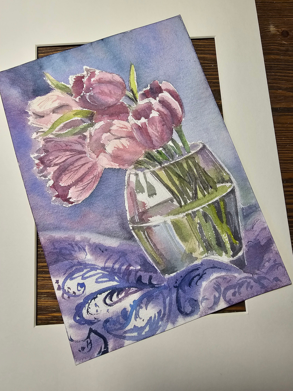 Картина авторская акварельная в паспарту 21х30 см на стену для интерьера "Тюльпаны"