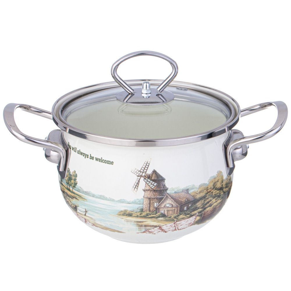 КАСТРЮЛЯ AGNESS ЭМАЛИРОВАННАЯ СО СТЕКЛЯННОЙ КРЫШКОЙ СЕРИЯ "FAMILY HOUSE", 1,5 Л ДИА.16СМ