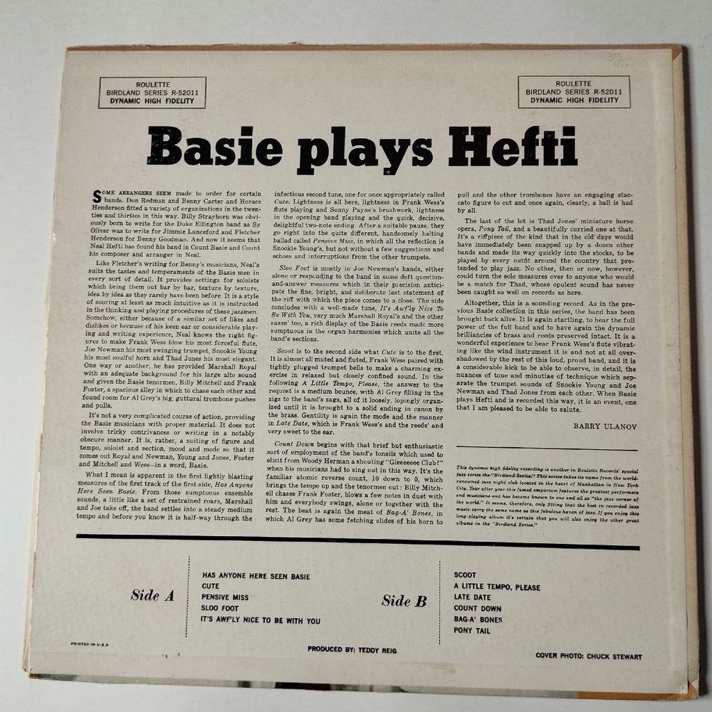 Винтажная виниловая пластинка LP Count Basie and His Orchestra Basie Plays Hefti (USA 1958)