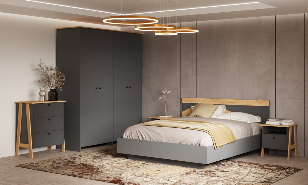 Спальня Теодора ЛДСП Крафт золотой/графит / ЛДСП графит