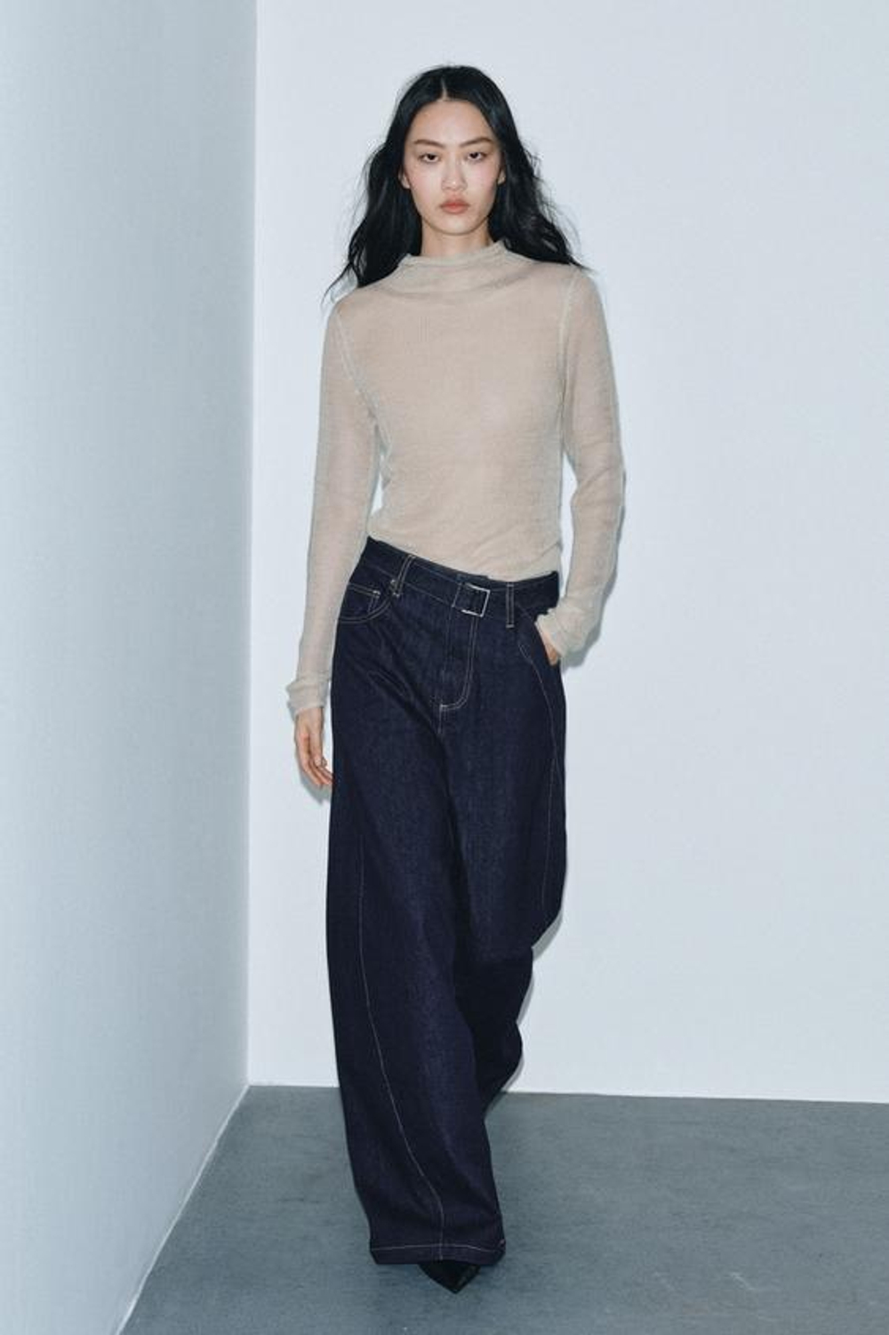 ZARA ДЖИНСЫ WIDE LEG С ВЫСОКОЙ ПОСАДКОЙ И РЕМНЕМ — ZW COLLECTION, СИНИЙ