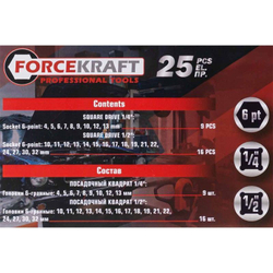 Головки ударные, набор 25пр. 1/4'', 1/2''(6гр.) FORCEKRAFT FK-50121K