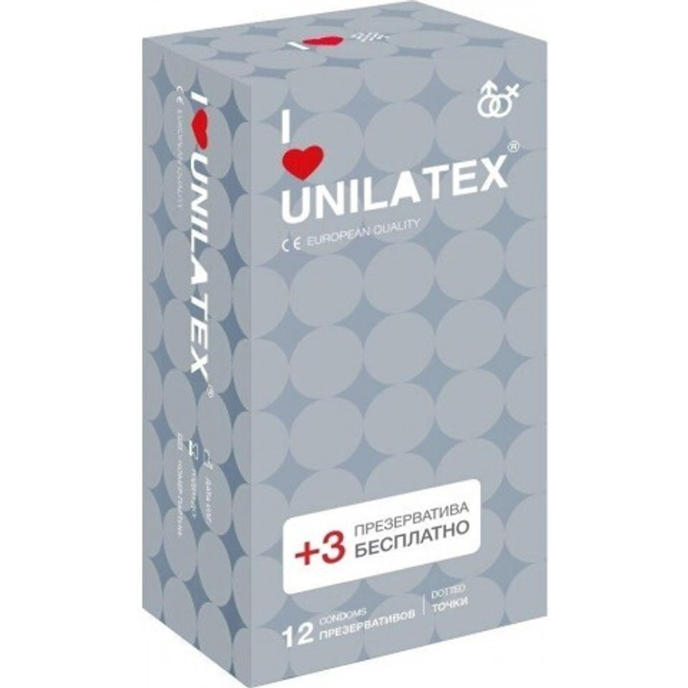 Презервативы Unilatex Dotted/точечные, 12 шт. + 3 шт. в подарок