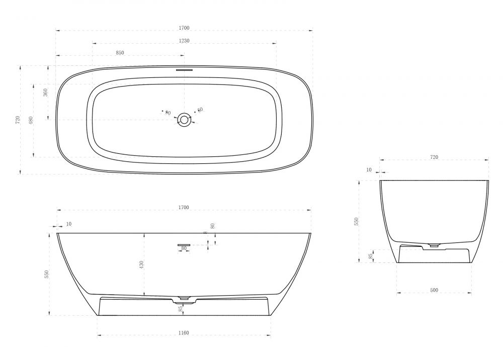Ванна из искусственного камня ABBER Stein AS9612-1.7 белая матовая  170x72 см