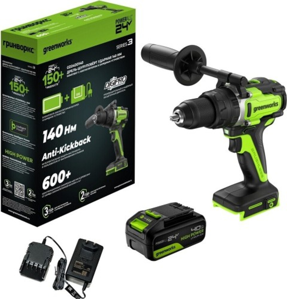 Дрель-шуруповерт аккумуляторная GREENWORKS GD24DD140 ударная, 24V, АКБ 4Ач и ЗУ 3707607CUB