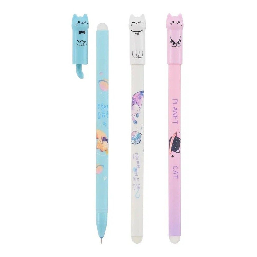 Ручка гелевая, пиши-стирай, Basir, синие чернила, серия "ПЛАНЕТА КОШЕК", разноцветный корпус