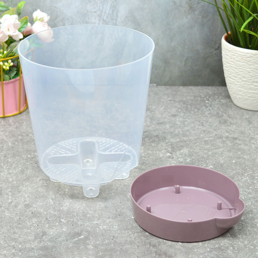 Горшок цветочный 2л №3 прозрачный, поддон бледно-бордовый