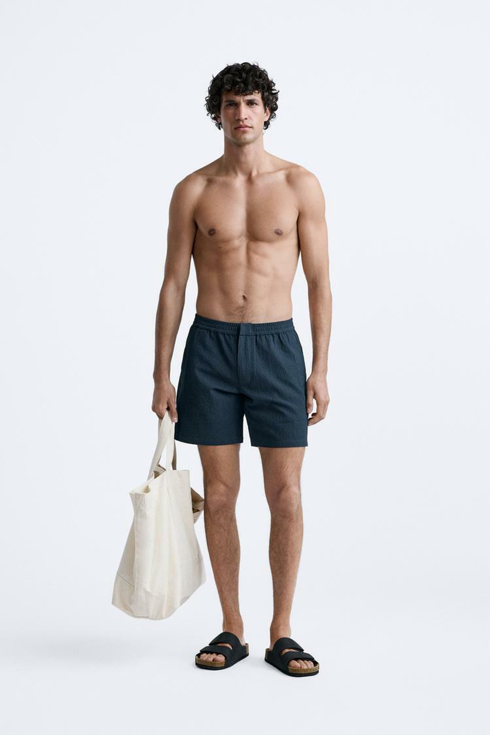 ZARA ПЛАВКИ ИЗ ТКАНИ ПОЛОТНЯНОГО ПЛЕТЕНИЯ, СЕРО-СИНИЙ