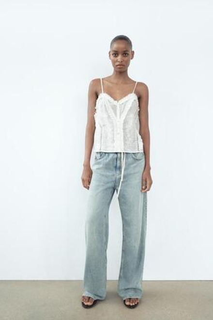ZARA ТОП ИЗ ХЛОПКОВОГО МУСЛИНА С ВЫШИВКОЙ,  ЖЕЛТОВАТО-БЕЛЫЙ