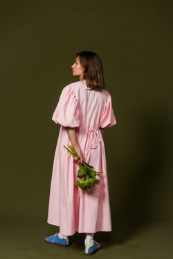 Платье с жабо и рукавами-фонариками, розовый хлопок