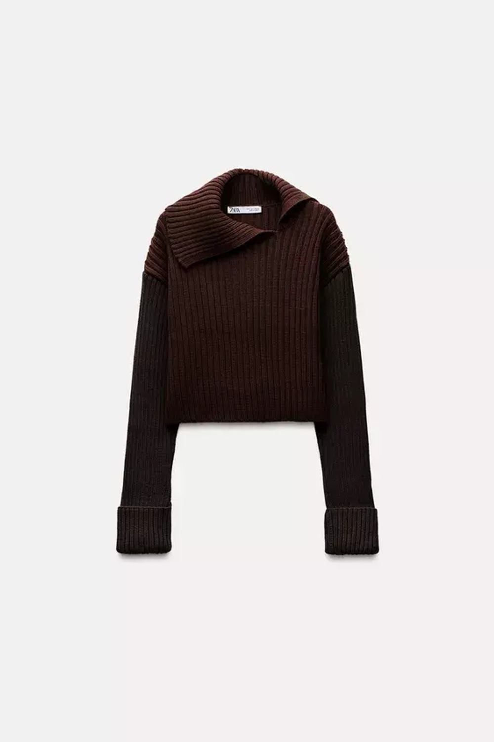 ZARA УКОРОЧЕННЫЙ СВИТЕР ИЗ РИФЛЕНОГО ТРИКОТАЖА, КОРИЧНЕВЫЙ