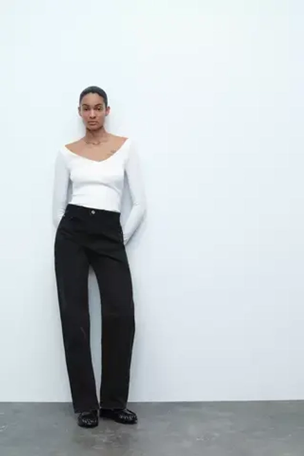 ZARA ФУТБОЛКА В РУБЧИК С ДЛИННЫМИ РУКАВАМИ, БЕЛЫЙ