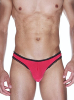 Красные мужские трусы-бразилиана с черной рюшевой отделкой (Размер: L-XL) (Цвет: красный с черным)