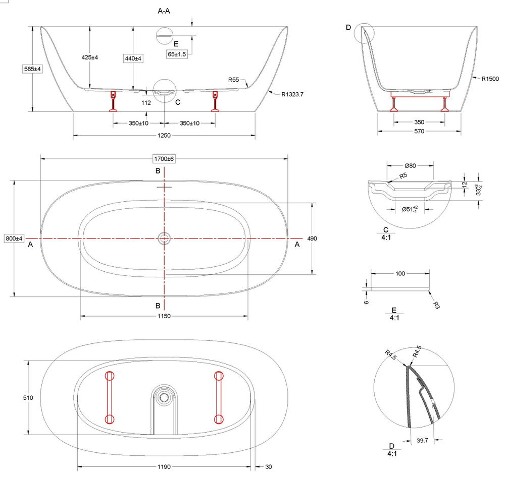 Ванна акриловая Vincea VBT-708-1700, 1700*800*585, цвет белый, щелевой перелив, слив белый
