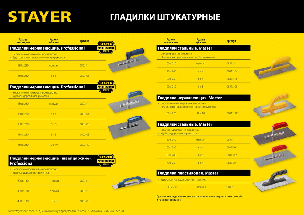 STAYER 130 х 280 мм, зуб 6 х 6 мм, штукатурная гладилка, Professional (0802-06)