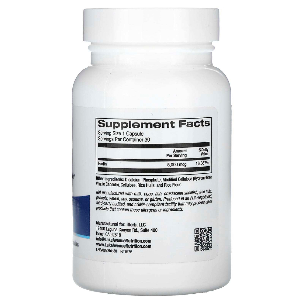 Lake Avenue Nutrition, биотин, 5000 мкг, 30 растительных капсул