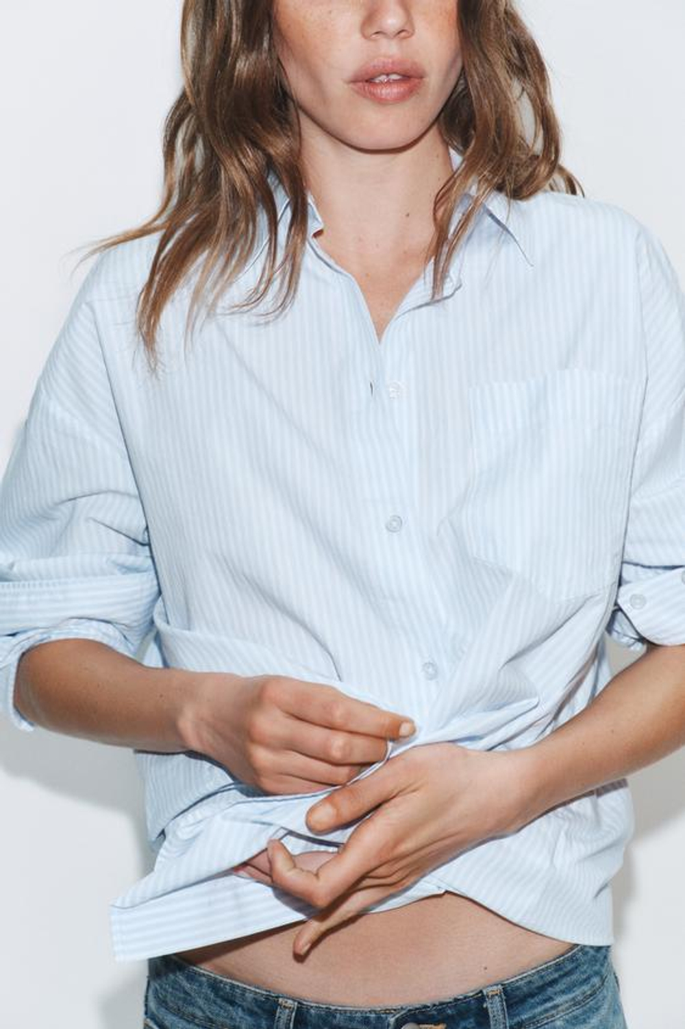 ZARA РУБАШКА ОВЕРСАЙЗ ИЗ ПОПЛИНА, СИНИЙ/БЕЛЫЙ