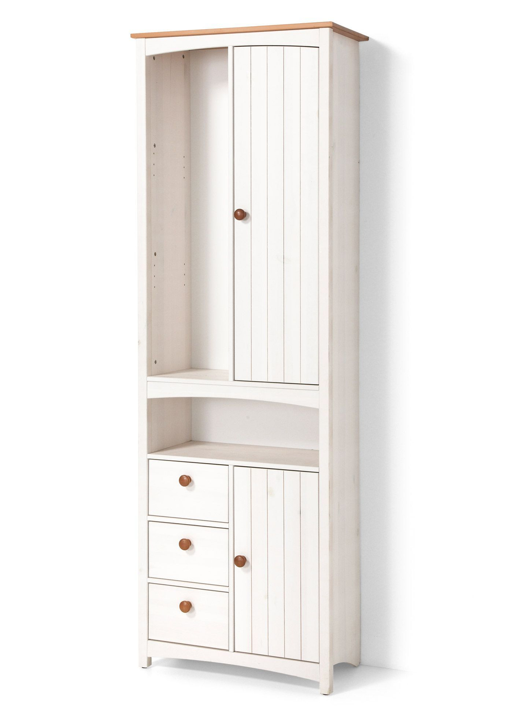 Шкаф пенал для ванной Паула из массива сосны, 2 двери 3 ящика, белый/черри