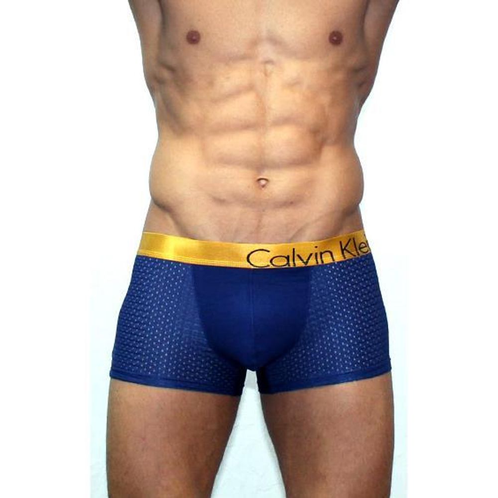 Мужские трусы боксеры темно-синие с золотистой резинкой Calvin Klein Bold Trunks со вставкой