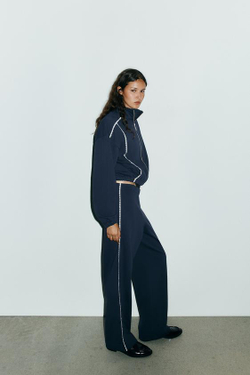 ZARA ШИРОКИЕ БРЮКИ ИЗ МЯГКОЙ ТКАНИ С КРУЖЕВОМ, МОРСКОЙ СИНИЙ