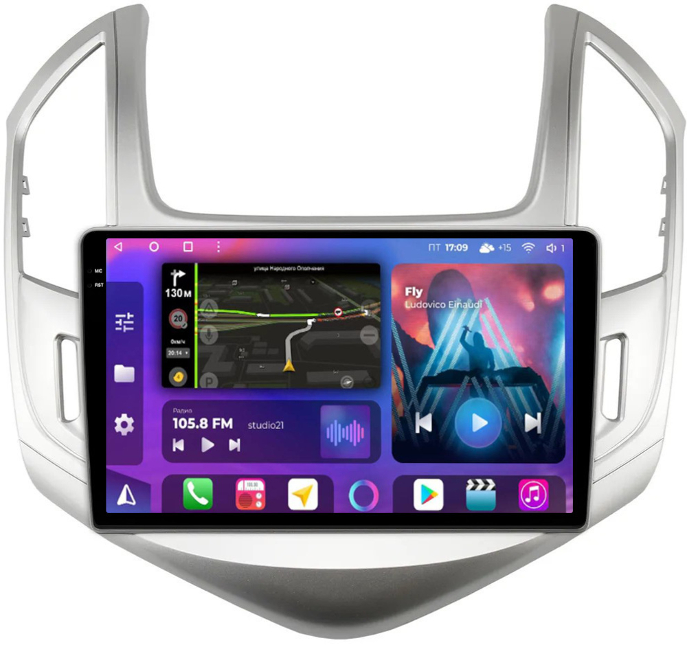 Магнитола для Chevrolet Cruze 2012-2015 (рамка серебро) - FarCar BM261M на Android 13, QLED, TS10, 4Гб+32Гб, CarPlay, 4G SIM-слот