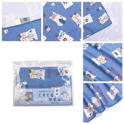 Легкий летний шарф-полотенце, повязка с милым котом "NEKOMARUKE", синий джинс, 24-8001-2, KUSUGURU