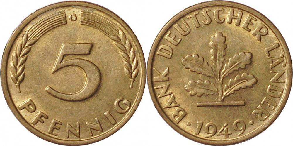 Германия - ФРГ 5 пфеннигов, 1949 Дубовые листья XF