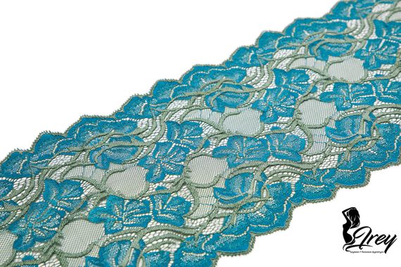 157 Кружево эластичное 19 см, Италия, голубой/олива