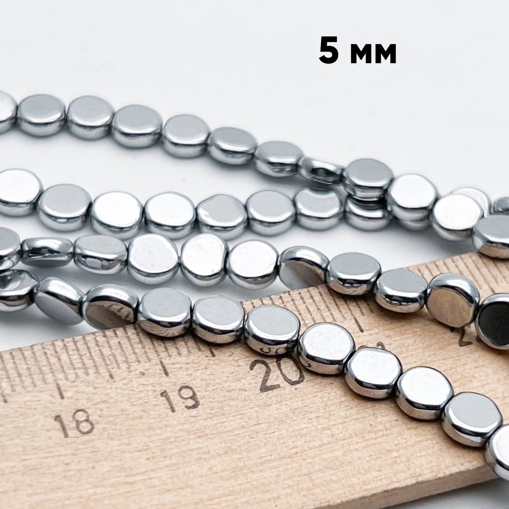 Гематит Монетка бусины (имитация), цвет серебристый, размер около 5,5 мм, цена за отрезок 19 см (1/2 нити)