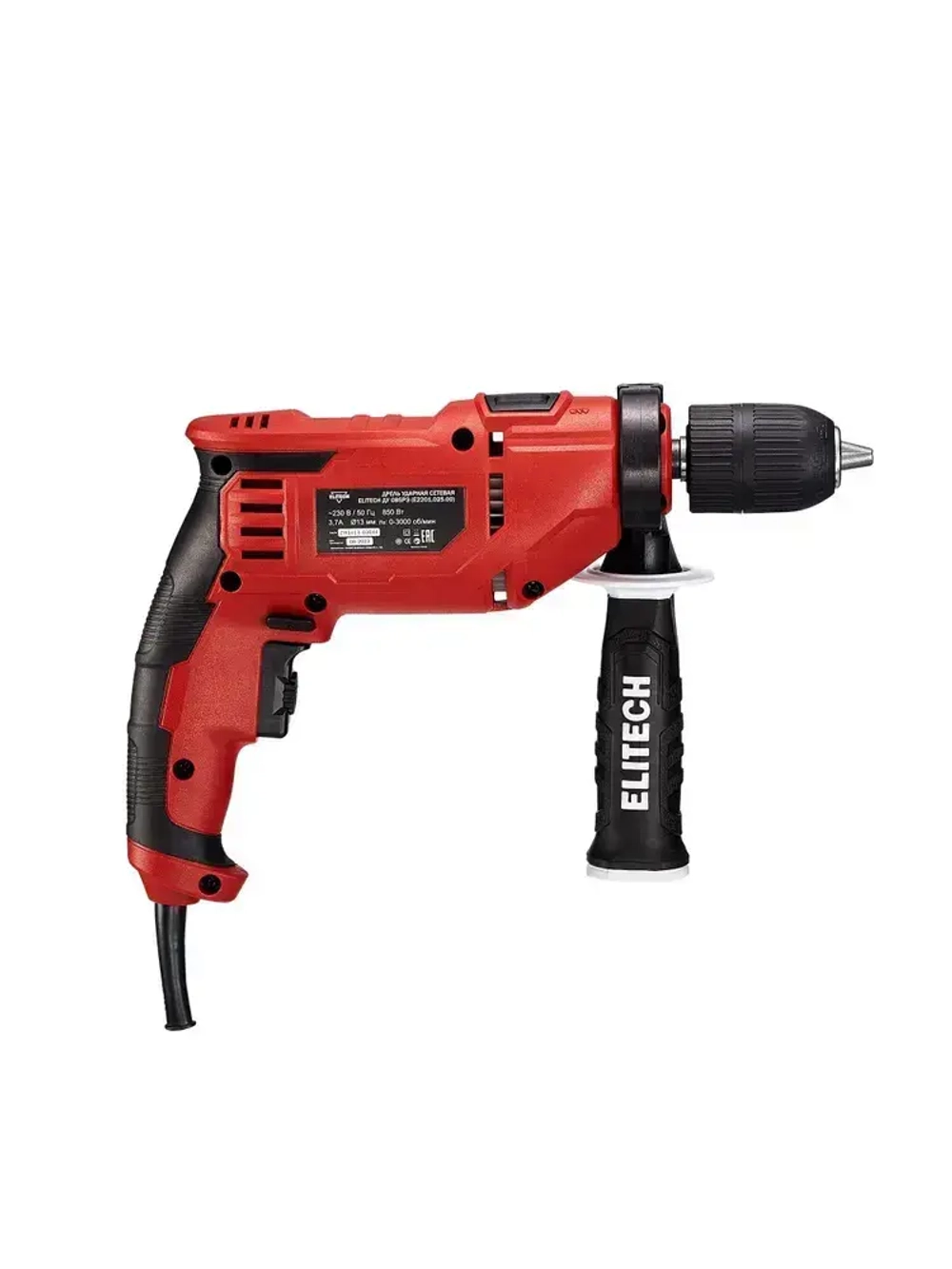 Дрель ударная сетевая Elitech ДУ 085РЭ, 850 Вт, 50 Нм, 3 000 об/мин, 48 000 уд/мин, ключевой патрон, реверс