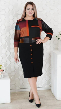 Платье женское на работу по фигуре праздничное повседневное на пуговицах вязаное плотное осеннее весеннее зимнее офисное футлярное тёмное рыжее полосатое чёрное в полоску принт большой размер 48 плотное трикотаж вискоза с карманами рукав 3/4 силуэтное