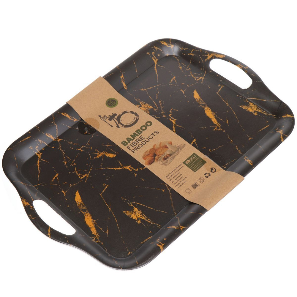 Поднос бамбук, 46х32х2.1 см, с ручками, Черный мрамор, Y4-3198