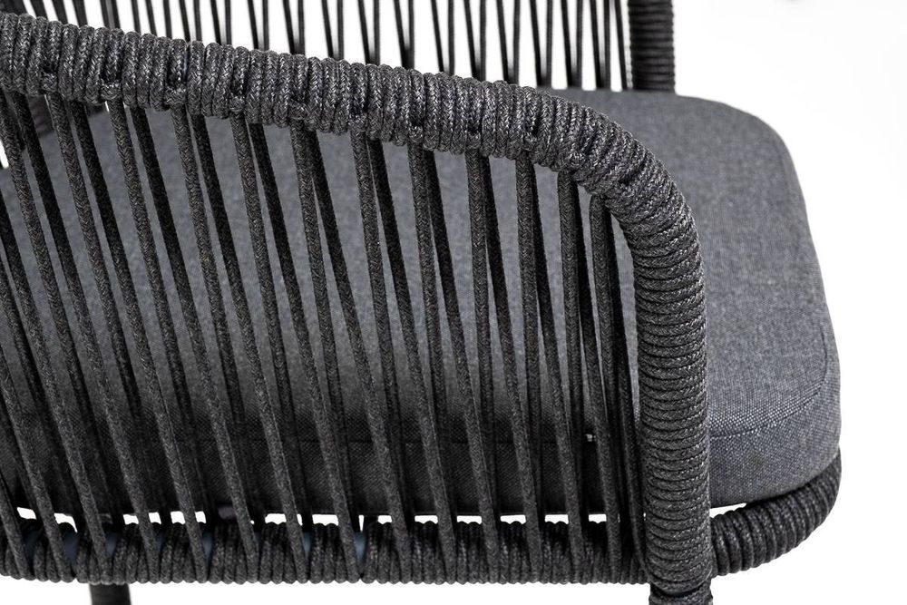 "Марсель" стул барный плетеный из роупа, каркас из стали серый (RAL7022) муар, роуп темно-серый круглый, ткань темно-серая 027