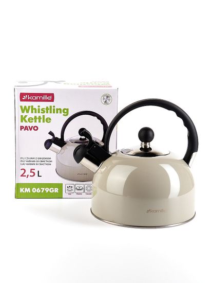 Чайник 2,5 л из нержавеющей стали со свистком Kamille KM-0679 и черной бакелитовой ручкой