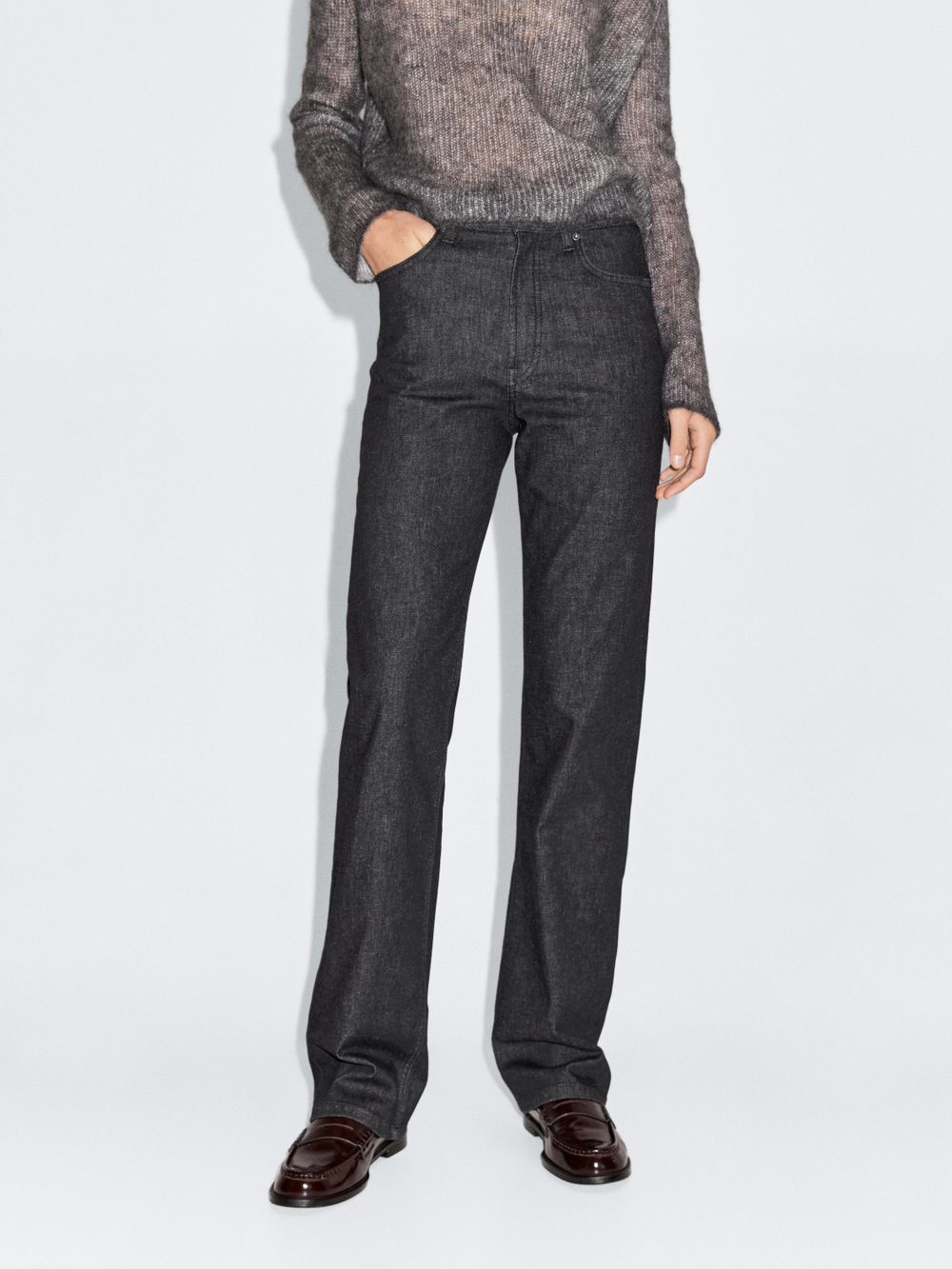 Massimo Dutti Джинсы прямого кроя с высокой талией, черный