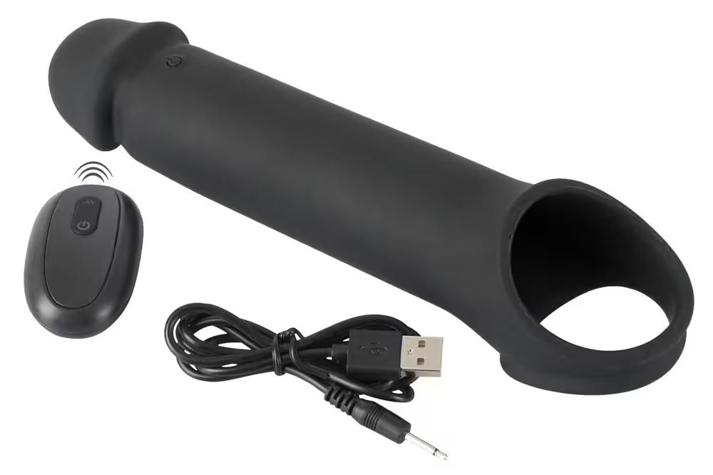 Черная вибронасадка для пениса с хомутом для мошонки и пультом ДУ Remote Controlled Penis Extension (Цвет: черный)