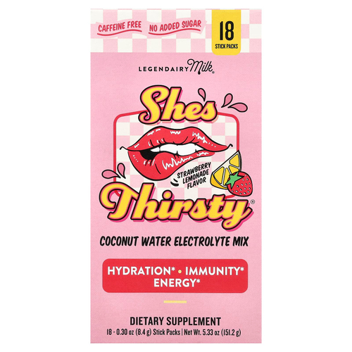 Legendairy Milk, She's Thirsty®, смесь электролитов с кокосовой водой, со вкусом клубничного лимонада (коробка), 18 стиков по 8,4 г (0,3 унции)
