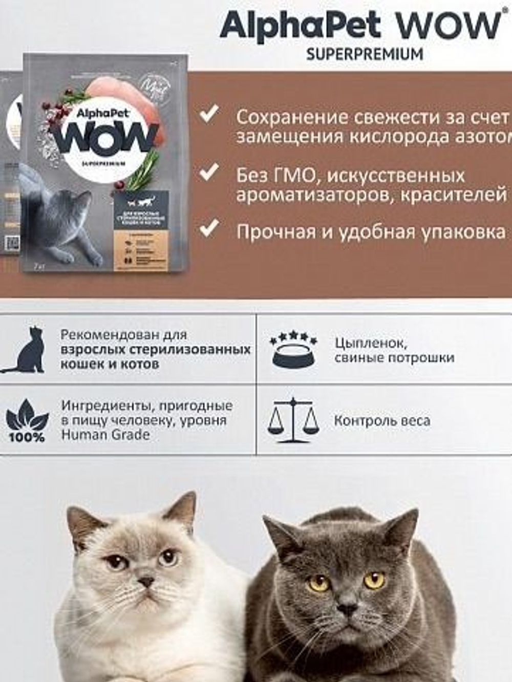 Корм для кошек премиум сухой AlphaPet WOW для взрослых стерилизованных кошек, с цыпленком, 7 кг