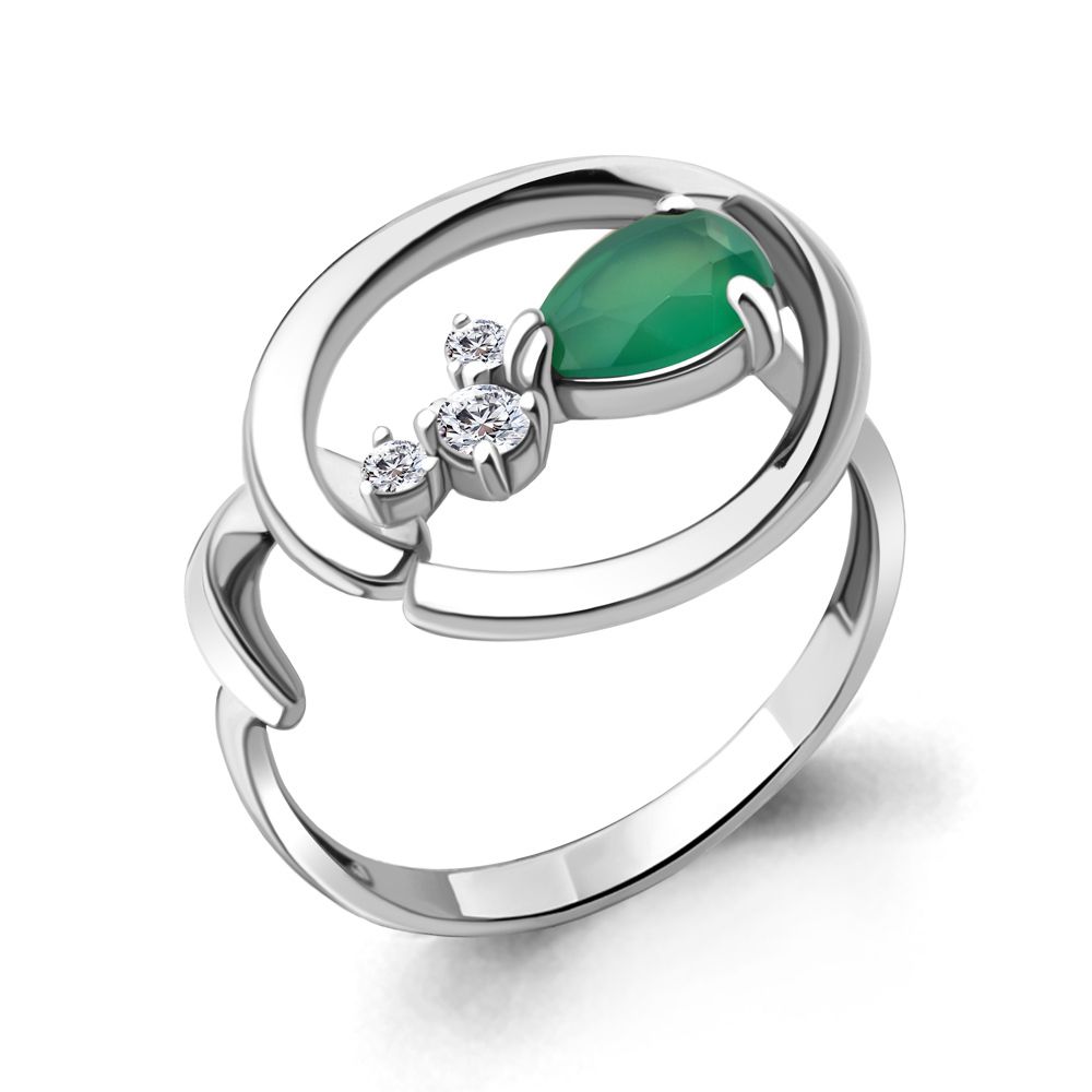 Серебряное кольцо с зеленым агатом и фианитами 17 размер