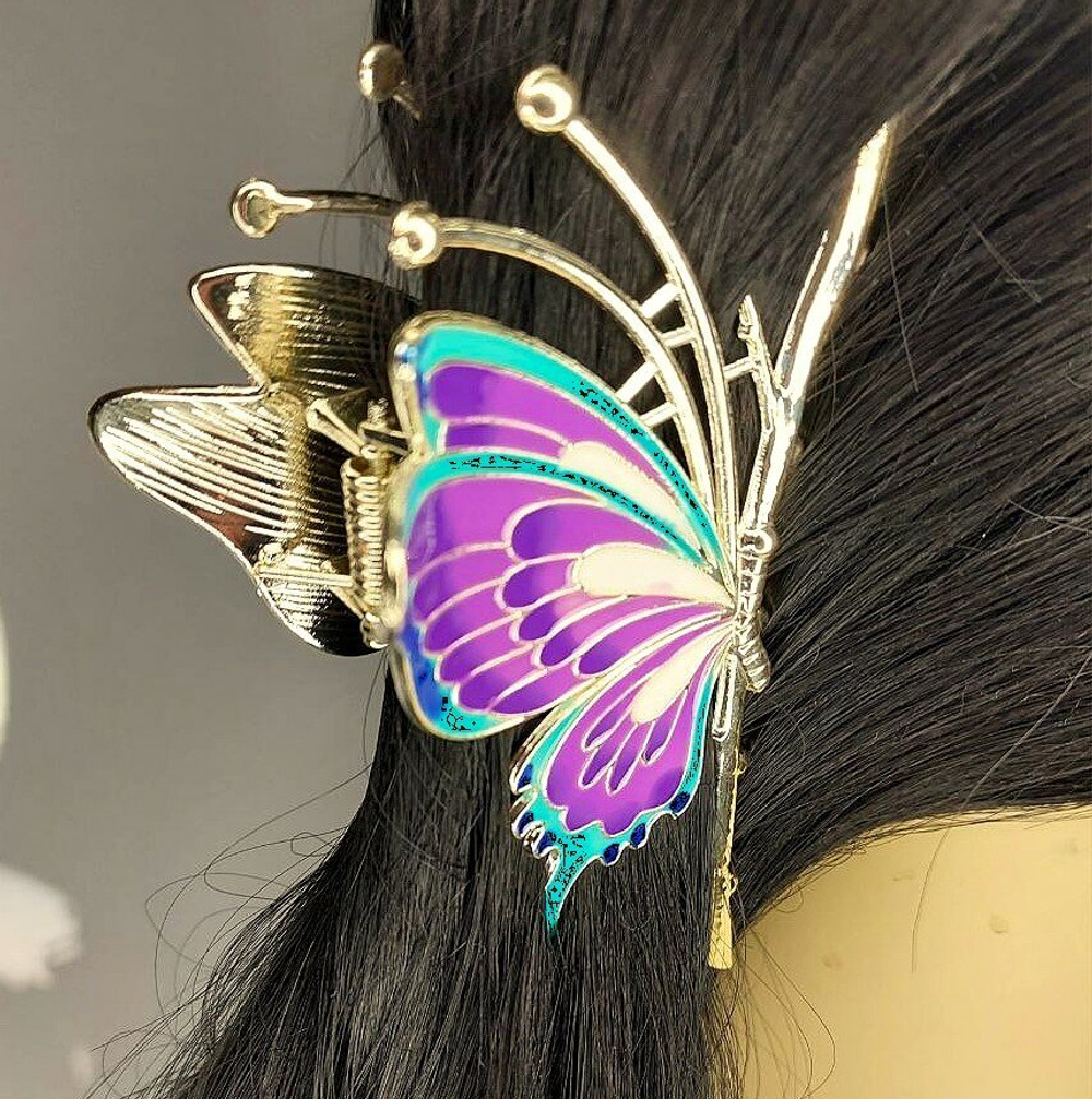 Заколка-краб "Бабочка" со стразами.Разноцветная. Синяя .Усиленная.