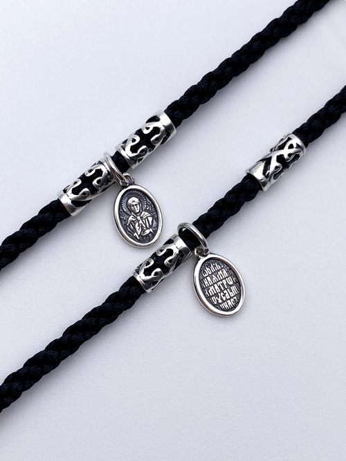 Браслет текстильный со вставкой из серебра/Чернение