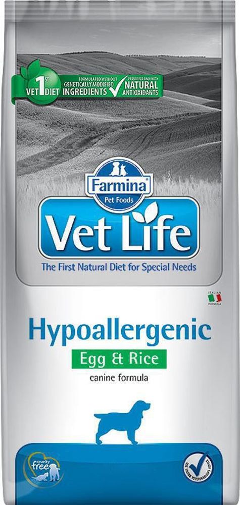 Farmina VetLife 2кг Hypoallergenic Egg &amp; Rice для собак при пищевой аллергии и непереносимости, яйцо и рис