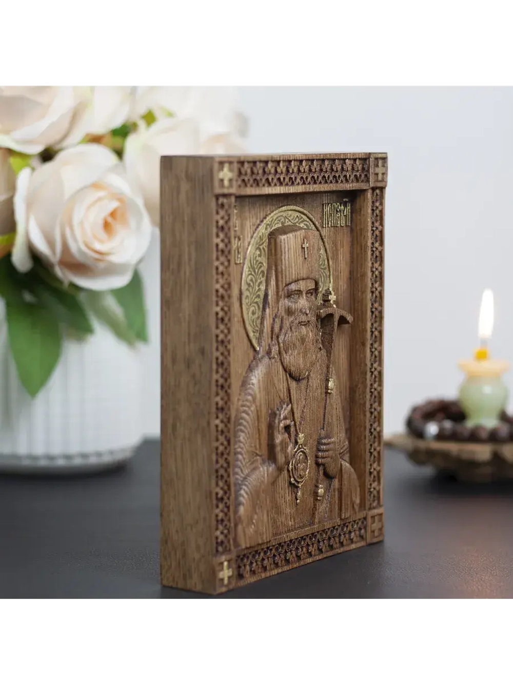 Лука Крымский икона деревянная резная, ясень