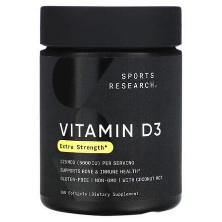 Витамин D Sports Research, витамин D3, 125 мкг (5000 МЕ), 360 мягких таблеток